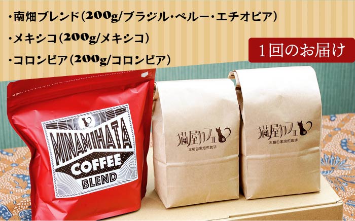 【全3回定期便】申込後に自家焙煎！特選 ブレンド コーヒー 3種セット【豆】計600g ＜自家焙煎珈琲 猫屋カフェ＞那珂川市 飲み物 コーヒー 珈琲 コーヒー豆 [GAG010]