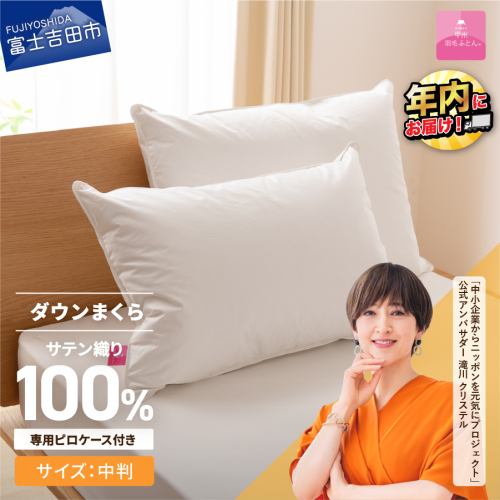 【甲州羽毛ふとん】ダウンまくら中判(1個)　ピローケース付(1枚)