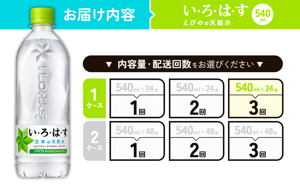 【3回定期便】いろはす 天然水 540ml(500ml + 40ml)PET【コカ・コーラ】 ペットボトル 1箱 (24本) 定期便 3回(72本)ミネラルウォーター ナチュラルミネラルウォーター 飲