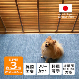 カーペット 日本製 抗菌防臭 犬 猫 ペット対応 ビオラ 176×261cm 江戸間 3畳用 ブルー【1518728】