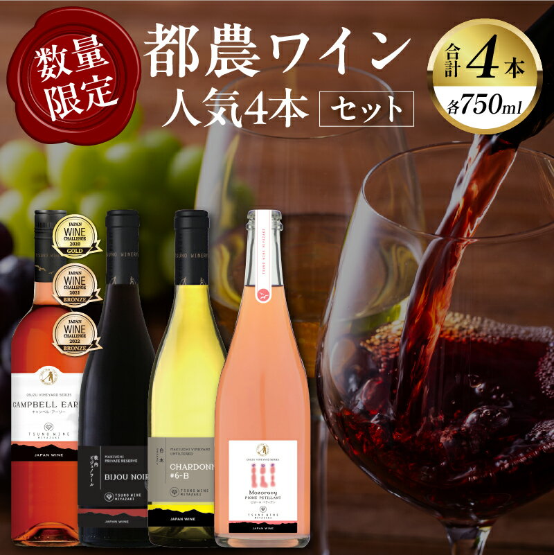 【ふるさと納税】都農ワイン 人気 4本 セット 合計4本 酒 飲料 アルコール 国産 飲み比べ 赤ワイン 白ワイン WINE ぶどう ロゼ スパークリング ご褒美 お祝 記念日 晩酌 お取り寄せ 人気 おすすめ BBQ バーベキュー グランピング 贈答品 宮崎県 都農町 送料無料