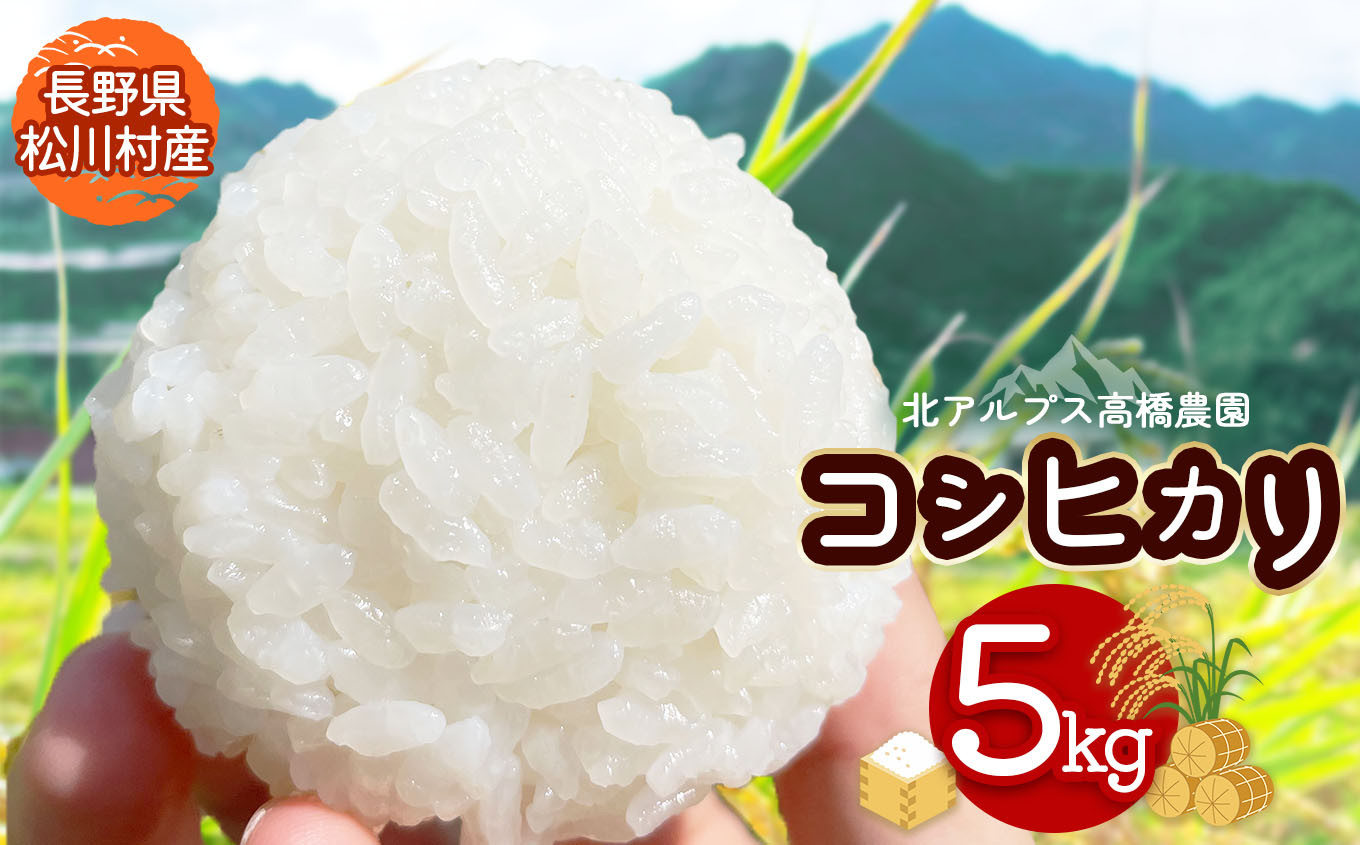 
            *【令和7年度産先行予約】北アルプス高橋農園のコシヒカリ 5kg ｜ 米 お米 こめ コシヒカリ こしひかり 白米 精米 長野県 松川村 栽培期間中無農薬 地域おこし 北アルプス 信州
          