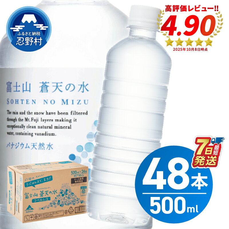 【ふるさと納税】 ＼発送時期が選べる／ 富士山蒼天の水＜ラベルレス＞ 500ml×48本 (2ケース) 天然水 ミネラルウォーター 水 シリカ ランキング 防災 備蓄 高評価 人気 おすすめ 年内発送 アウトドア ペットボトル 大容量 10000円以下 軟水 国産 長期保存 ※沖縄県離島不可