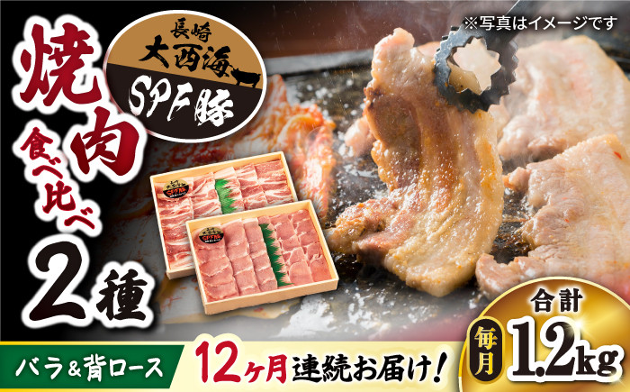 
                  【12回 定期便 】 焼肉 豚 大西海 SPF豚 背ロース ＆ バラ（ 焼肉 用）計1.2kg（各600g） 訳あり ＜大西海ファーム＞ [CEK102]  焼肉 焼肉 肉 食品 肉類 国産 豚肉 食べ比べ こだわり セット 甘み 旨み 豚バラ バラ肉 豚ロース 贈答 ギフト SPF豚
                