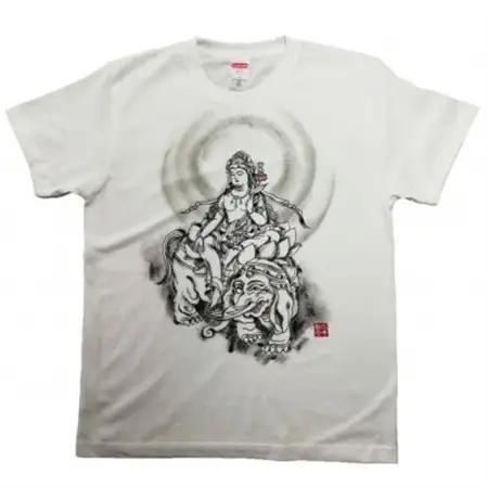 手描きTシャツ 仏画 普賢菩薩 白 (半袖 Sサイズ)【1615091】