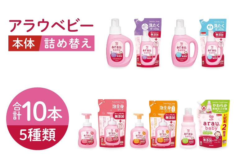 
                  アラウベビー5種本体・詰替え（洗たくせっけん・泡全身ソープ・消臭仕上げ剤）詰め合わせ【アラウ 本体 詰め替え用  洗濯用せっけん 赤ちゃん ボディーソープ  無添加  消臭 セット 茨城県 北茨城市】(CL088)
                