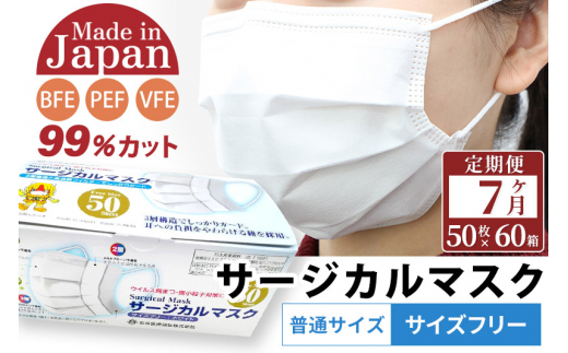 
《定期便7ヶ月》国内製造 高性能サージカルマスク 普通サイズ 50枚入り×60箱 (合計3,000枚)×7回 7か月 7ヵ月 7カ月 7ケ月
