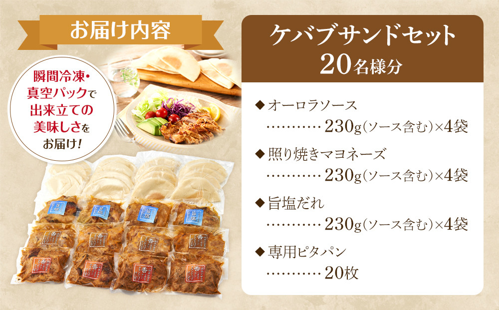 ケバブサンド セット 約20名分 （ケバブチキンステーキ 230g×12食 ピタパン×20枚） 肉料理 鶏肉 温めるだけ 惣菜 お手軽 簡単 ギフト 贈り物 ホームパーティー