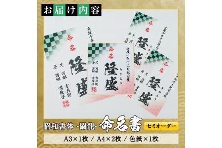 s178 《毎月数量限定》昭和書体＜闘龍＞セミオーダー命名書セット(A3×1枚、A4×2枚、色紙×1枚)アニメ「鬼滅の刃」やテレビ番組等でも採用されている文字フォントを使用した命名紙！出産祝に【昭和書