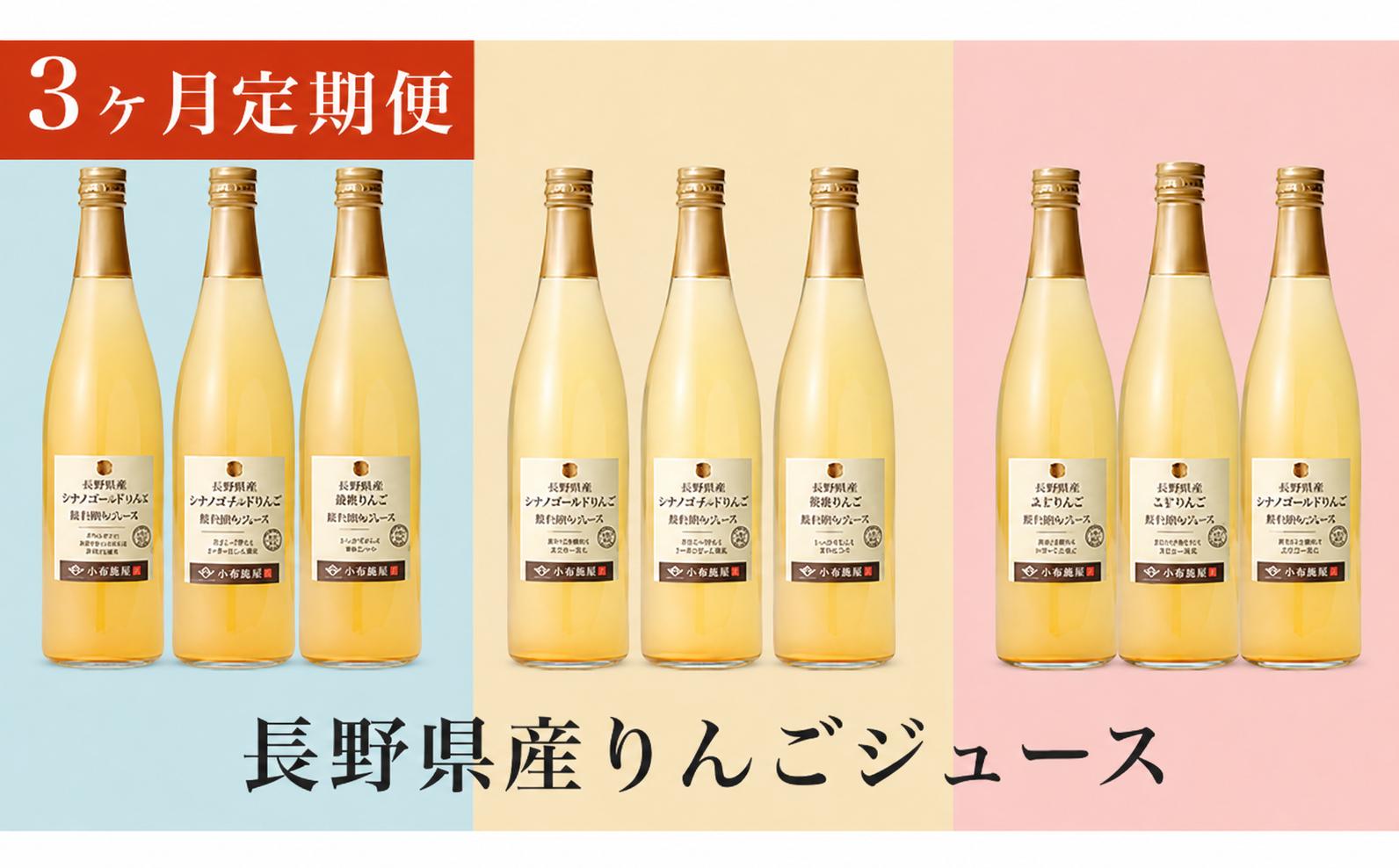 
                  【3ヶ月定期便】3ヶ月定期便 長野県産りんごジュース 720ml × 3本 × 3回 ［小布施屋］ジュース 果実飲料 数量限定 ストレート100% 飲料類 飲み比べ りんご 林檎 リンゴ 長野県産 ［C-19］
                