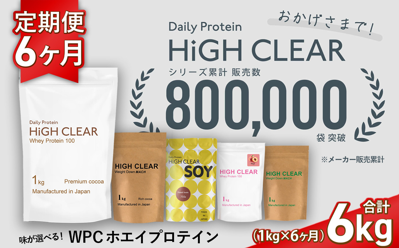 
            プロテイン 定期便 《1kg × 6ヶ月》 味が選べる！おいしい ホエイプロテイン ｜ 抹茶 / ココア / チョコ バナナ / ピーチ / ミックス フルーツ ｜ HIGH CLEAR 定期 6回 国産 日本製 SDGs ホエイ ぷろていん タンパク質 たんぱく質 ビタミン 食物繊維 栄養 筋肉 健康 筋トレ トレーニング ダイエット 宮城県 七ヶ浜 ｜ hk-wpc-1000-t6
          