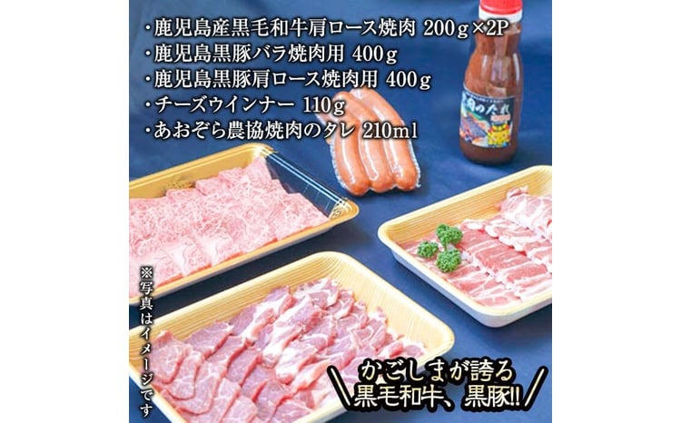 【鹿児島県産黒毛和牛・黒豚】お家でいただく極上 焼肉セット(チーズウインナー＆タレ付き)計1.3kg以上！ b5-202