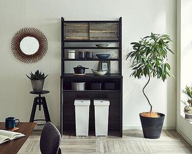 【開梱設置】食器棚 レンジ台 アイン 上台引き戸タイプ 幅89.7cm ブルックリン キッチンボード ゴミ箱収納 ダスト収納 キッチン収納 おしゃれ 大川家具 幅90cm 収納家具 アイアンフレーム