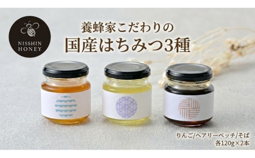 
                  [№5331-0649]養蜂家のとっておき 国産 はちみつ 3種 食べ比べ 各120g×2本 計6本 蜂蜜 ハチミツ りんご ヘアリーベッチ そば ハニー 養蜂 養蜂家 蜜源 ギフト 贈答用 お取り寄せ 日新蜂蜜 送料無料 岐阜県 安八町
                