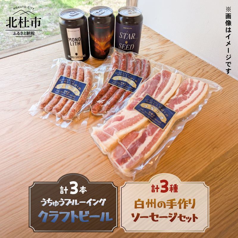 うちゅうブルーイング クラフトビール3本と名水百選で知られる白州の手作りソーセージ3種セット