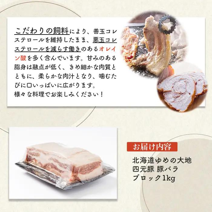 【北海道ブランド豚】「ゆめの大地」 豚バラブロック 1kg【27008】