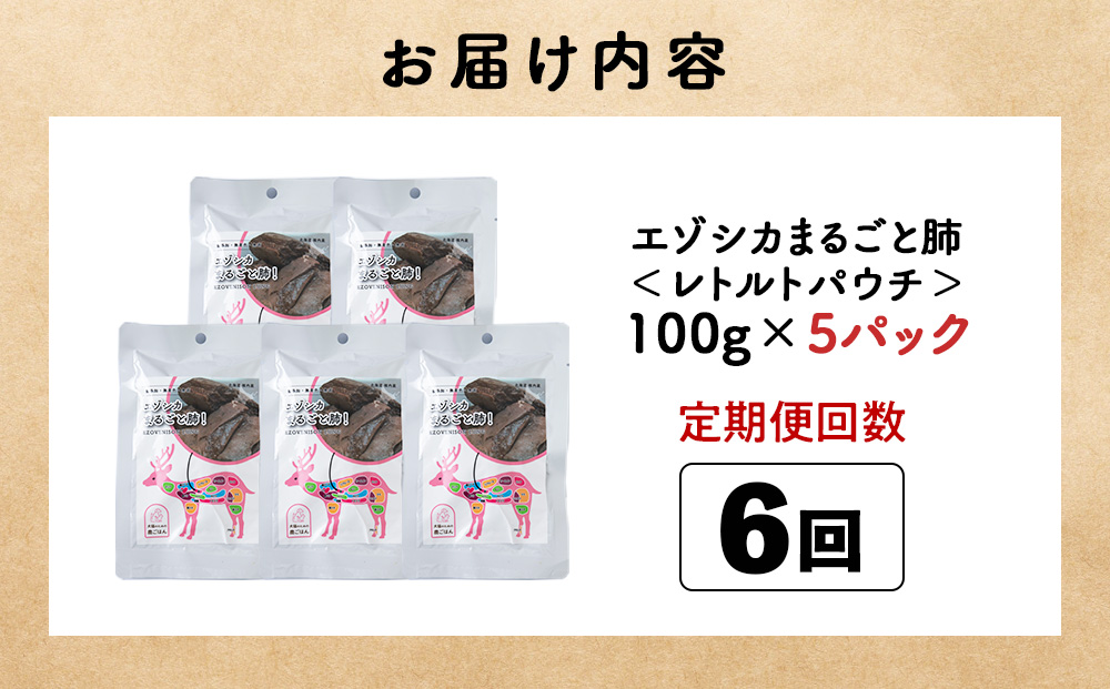 【定期便6回】まるごと肺　5パック エゾシカ エゾ鹿 鹿肉 ペットフード 犬のおやつ 犬のごはん 無添加　狩人の匠