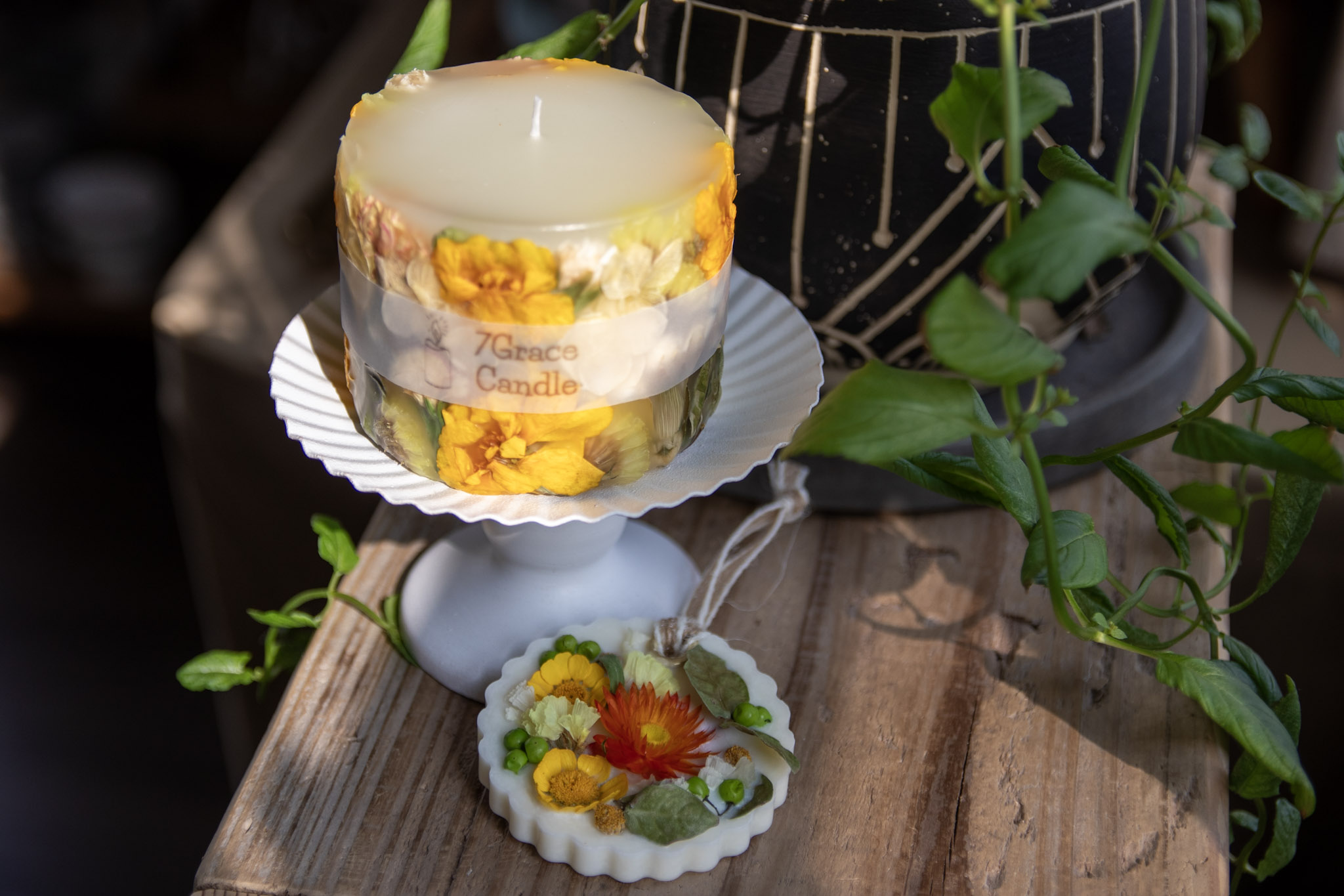 NO1139 ボタニカルキャンドルとアロマサシェのセット イエロー / インテリア 雑貨 ドライフラワー ハンドメイド プレゼント ギフト