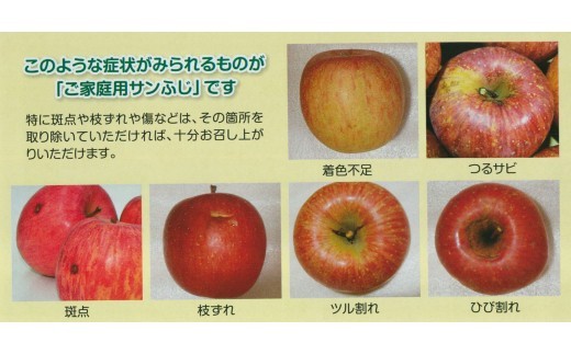 訳ありサンふじには、このような傷があります。取り除いていただければ、味は申し分ないです。