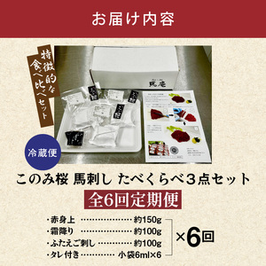 このみ桜たべくらべ３点セット　6回定期便_このみ桜 馬刺し 6回 定期便 食べ比べ 3点 セット ほんのり 甘い 赤身 上赤身 霜降り バラ肉 希少部位 ふたえご 馬肉 生肉 刺身 冷蔵 お取り寄せ 