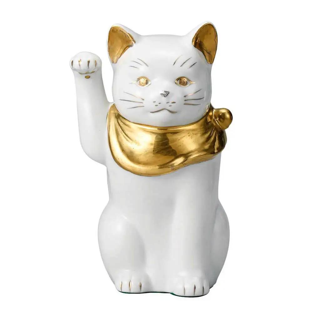 【瀬戸焼】江戸猫 ホワイト 本金 右手上げ 19cm 化粧箱入り【スズカ】 / 招き猫 インテリア 雑貨 置き物 開運 / 瀬戸市 [BBDJ001]