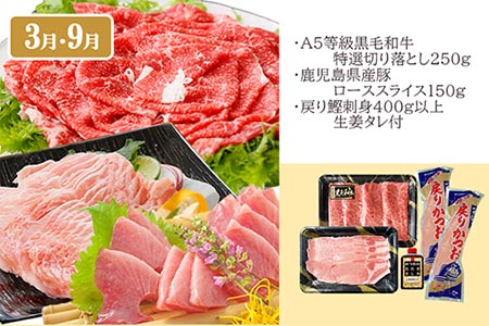 定期便(6回)お楽しみ便(A5等級黒毛和牛・黒豚・海鮮・さつま揚げ等)GG-0052【1166771】 _ 肉 黒豚 牛肉 海鮮 黒毛和牛 定期便 人気 おすすめ 送料無料 贈答 ギフト 鰹 ハム マ