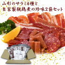 【ふるさと納税】山形のサラミ4種と老舗肉屋の自家製親鶏煮（鶏チャーシュー）2袋の珍味セット／ お取り寄せ ご当地 グルメ おうち時間 おつまみ おやつ 酒 サラミ チョリソースライス カルパス ベーコンジャーキー お取り寄せ グルメ 送料無料 通常便 肉そば の食材