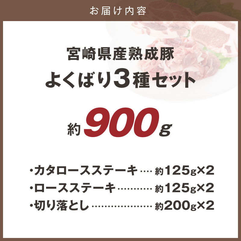 宮崎県産熟成豚 よくばり3種セットB-2（ステーキ2種 各2個/切り落とし2個）N0105-YA6608