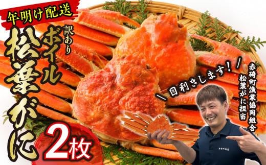 
                  （訳あり）松葉ガニ（ボイル）2枚【年明け配送】※着日指定不可※北海道、沖縄、一部離島への配送不可【松葉がに 松葉蟹 ズワイガニ 蟹 カニ かに 国産 人気 おすすめ 鳥取県 琴浦町 送料無料】
                