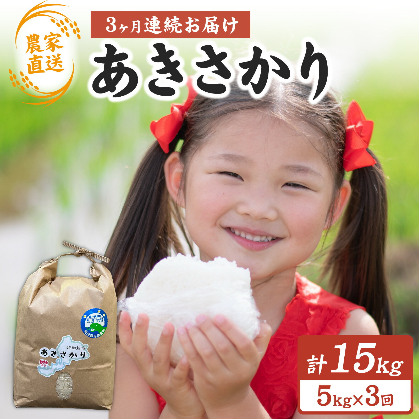 【ふるさと納税】【3ヶ月連続お届け】【農家直送】【令和7年産】 特別栽培 あきさかり 5kg×1袋×3ヶ月（計15kg）減農薬・化学肥料不使用 / お米 こめ 国産 白米 ごはん ご飯 米 コメ 南越前町 送料無料 うすい農園 福井 北陸