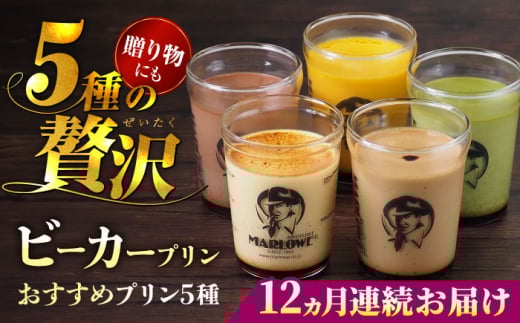 【全12回定期便】葉山ビーカープリン おすすめプリン180g×5個セット（かぼちゃ・エスプレッソ・抹茶・北海道フレッシュクリーム・チョコレート）ぷりん プリン定期 プリン詰め合わせ プリン 焼きプリン 5種 セット 葉山 人気の味 デザート スイーツ お菓子 食べ比べ ビーカー付き 贈り物 贅沢 人気 定期便 全12回【マーロウ】 [AKAF040]