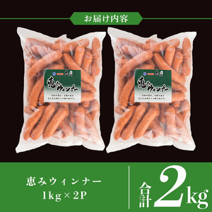 y435 《業務用・訳あり》恵みウィンナー(合計2kg・1kg×2P) 国産 豚肉 ウインナー ソーセージ フランクフルト 惣菜 おかず 晩御飯 おつまみ 弁当 BBQ キャンプ 冷凍 訳あり 訳アリ
