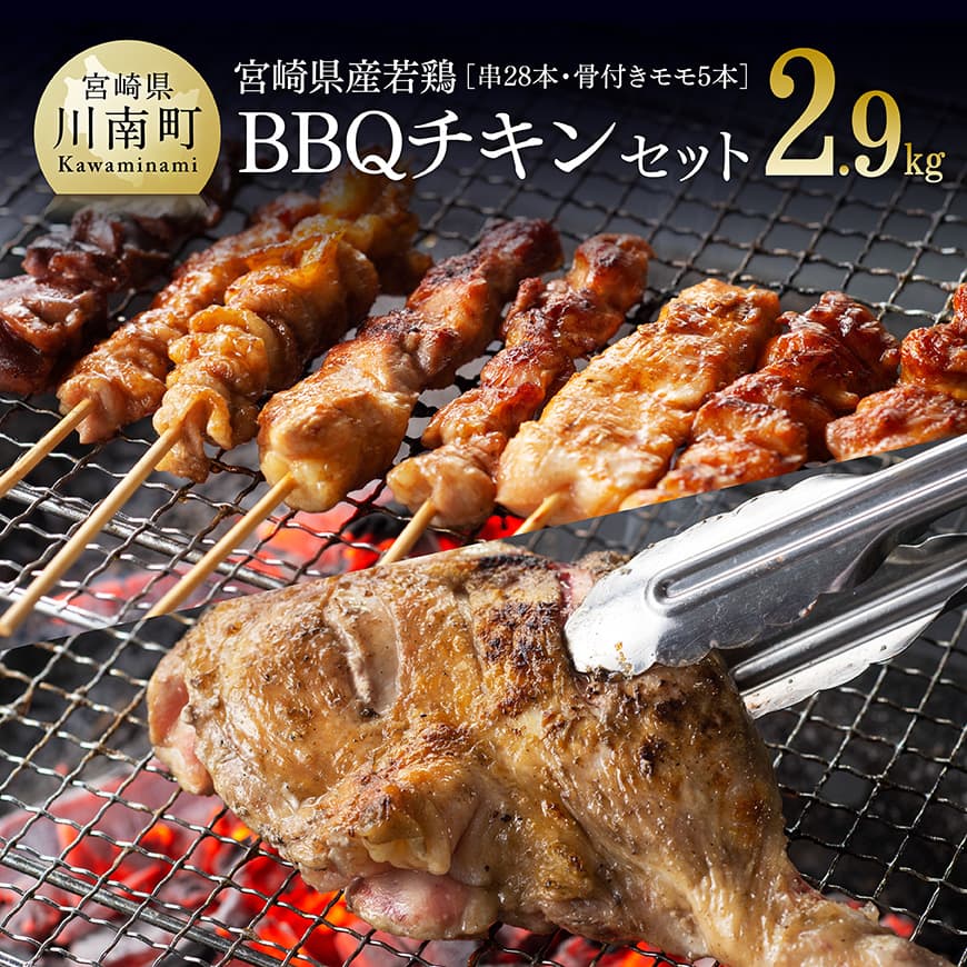 【ふるさと納税】 宮崎県産若鶏　BBQチキンセット（バラエティセット串4P・骨付きモモ5本）- タレ付き!肉 鶏肉 串 骨付き バーベキュー 九州産 おうち時間 おうちごはん 送料無料 川南町 D06914
