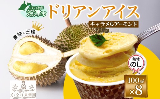 無地熨斗 ドリアン ココナッツ キャラメルアーモンド アイスクリーム 100ml 8個 濃厚 ココナッツミルク スイーツ お菓子 ソフトクリーム おやつ デザート ご当地アイスセット 詰め合わせ お取り寄せ ギフト お返し かをり果樹園 静岡県 沼津市