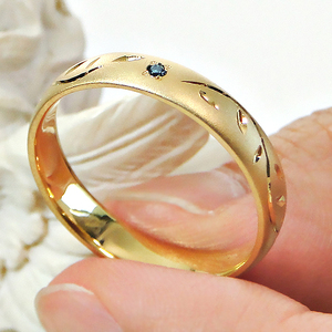 指輪 K18YG イエローゴールド ブルーダイヤ 0.03ct リーフ モチーフ 彫刻 18金 つや消し 葉っぱ 木の葉 甲丸 メンズリング 【326-k18ygm】 ALPAZ166