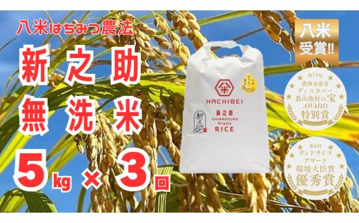 【令和8年産新米予約】【環境大臣賞受賞】【特別賞受賞】3ヶ月定期便 無洗米 新之助 5kg×3回 計15kg 農家直送 ほんのり甘い「はちみつ農法」 白米 精米 HACHIBEI 八米 新潟県 米 こめ コメ 新米  新米予約 令和８年度産 10月中旬より順次発送 1L20040