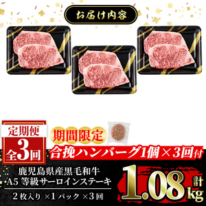 a853-E ＜期間限定！合挽ハンバーグ付＞【3回定期便】≪A5等級≫鹿児島県産黒毛和牛サーロイン2枚入り(3P計1.08kg) 【水迫畜産】姶良市 国産 牛肉 サーロインステーキ ステーキ ステーキ