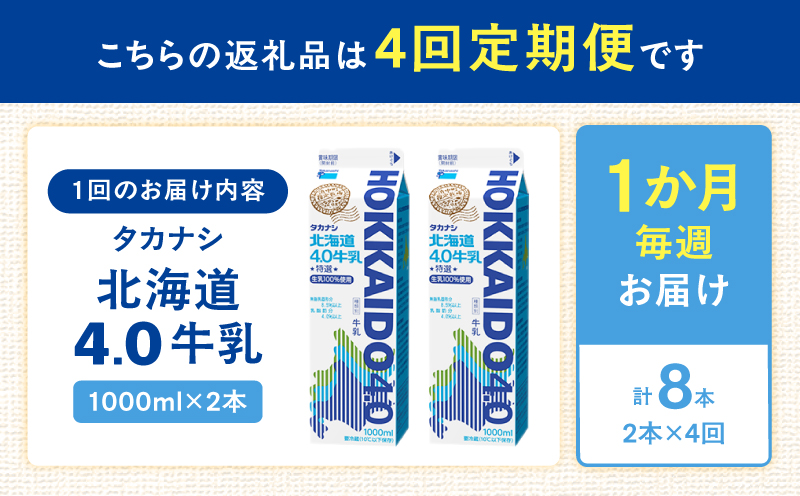 【毎週届く4回定期便】北海道4.0牛乳(1,000ml×2本)_H0026-106