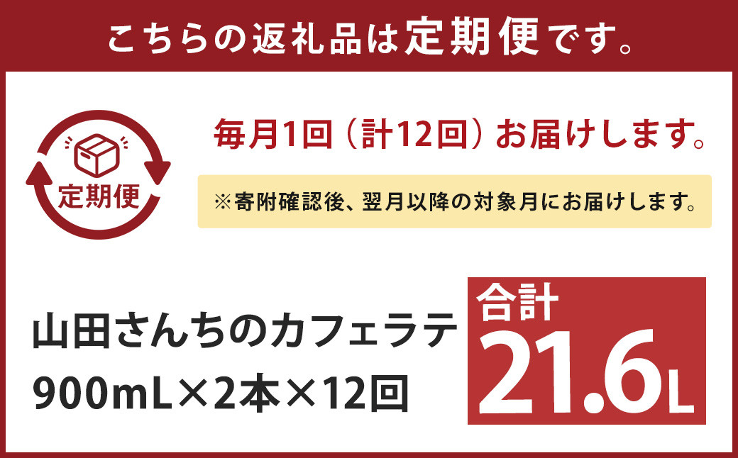 【12ヶ月定期便】山田さんちのカフェラテ 2本セット 900ml×2本 計12回 合計21.6L ノンホモ牛乳 牛乳 カフェラテ