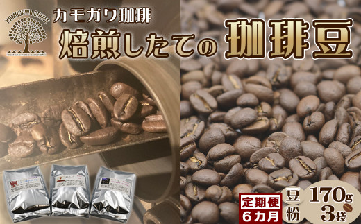 【カモガワ珈琲の定期便】焙煎したてのコーヒー豆 ３種（170g×３袋）６カ月《粉・毎月発送》　[0103-0001]