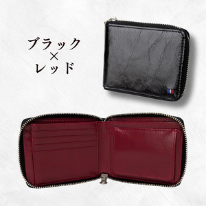 牛革　二つ折りファスナー財布　ステッチA（ブラック×レッド） ／ 財布 サイフ さいふ 二つ折り財布 イタリア 革 革製品 牛革 レザー 革小物 クラフト 送料無料