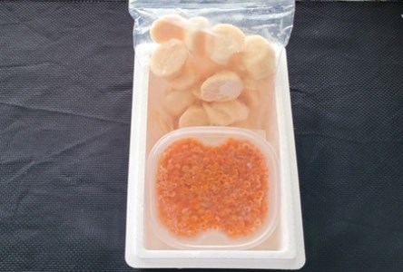 エゾバフンウニ塩水パック150g×1P、いくら醤油漬け(鱒卵)150g×1P、お刺身ホタテ貝柱500g×1P[11月下旬以降発送] E-53003