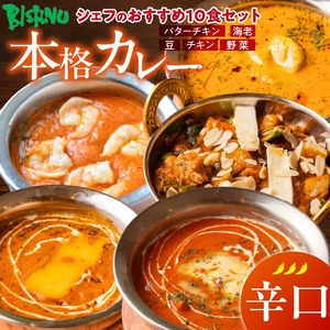 【辛口】ビスヌ 本格カレー　シェフのおすすめ10食_ビスヌ 本格 カレー シェフ おすすめ 10食 バターチキン 豆 海老 チキン 野菜 各 2個 辛口 インドカレー スパイス こだわり インド 直輸入 Aランク できたて 冷凍 真空パック お取り寄せ 福岡県 久留米市 送料無料_Ca047-03