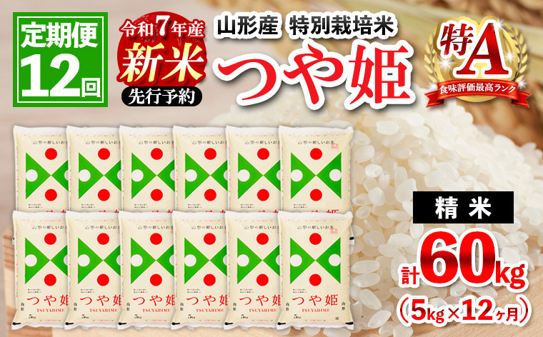 
            【定期便12回】 先行予約 令和7年産 新米 山形産 特別栽培米 つや姫 5kg×12ヶ月(計60kg)【11月発送開始】 FZ25-093
          