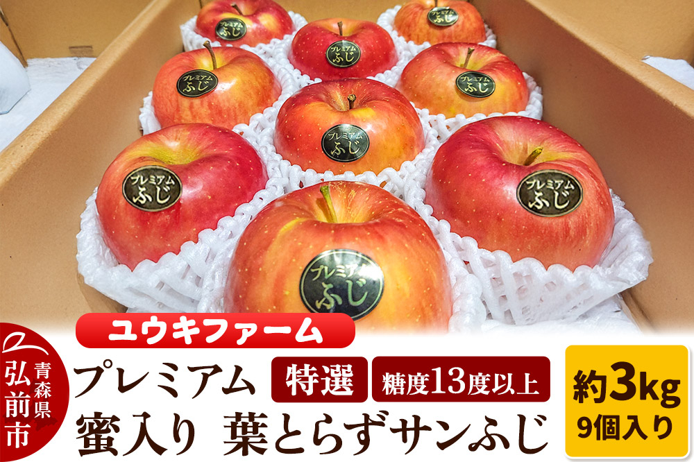 
            【25年12月発送】りんご 【 数量限定 】糖度13度以上 「特選」 プレミアム 蜜入り 葉とらずサンふじ 約 3kg 9個入り
          