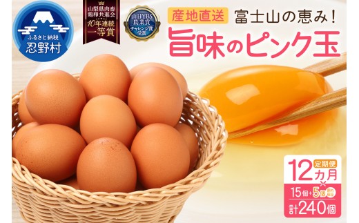 【12ヶ月定期便】”忍野の卵”旨味のピンク玉 （毎月20個×12回） ※割れ保証含む　[卵 定期便 定期 国産 産地直送 毎月 生卵 玉子 たまご 卵かけご飯 卵焼き 親子丼 目玉焼き すき焼き オムライス オムレツ スイーツ作り 料理 調理 人気 鶏卵 鶏 新鮮 12ヵ月 12か月 山梨県 忍野村]