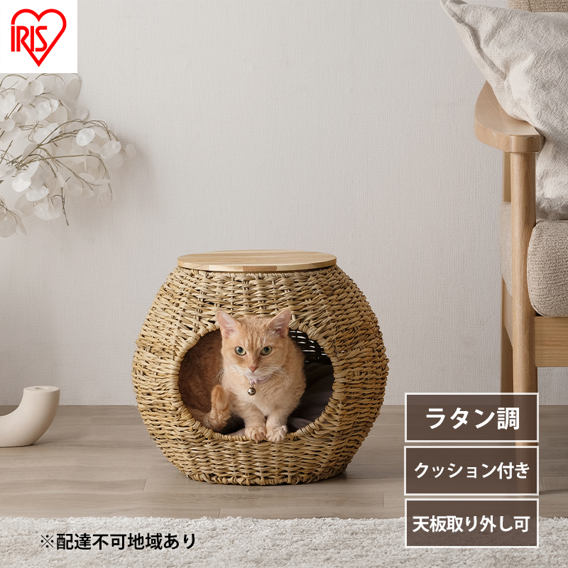 ペットハウス 猫 犬 ペット ベッド PHR-B4035 アイリスオーヤマ おしゃれ ラタン調 ボール 室内 オールシーズン ナチュラル クッション付き 