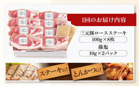 【全2回定期便】 三元豚 ロースステーキ 8枚（100g/枚）  藻塩付き 《喜茂別町》【平田牧場】肉 豚肉 ロース ステーキ ステーキ用 とんかつ トンテキ 生姜焼き 冷蔵配送 定期便[AJAP02