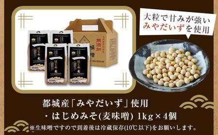 都城在来大豆みやだいず使用「はじめみそ」4kg≪みやこんじょ快速便≫_12-G801-R_ (都城市) はじめみそ 麦味噌 都城産 みやだいず使用 在来大豆 1kg×4個 生味噌