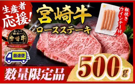 ※令和7年9月発送※宮崎牛 ロースステーキ2枚500g+粗挽きウインナー 【 肉 牛肉 宮崎県産 黒毛和牛 】